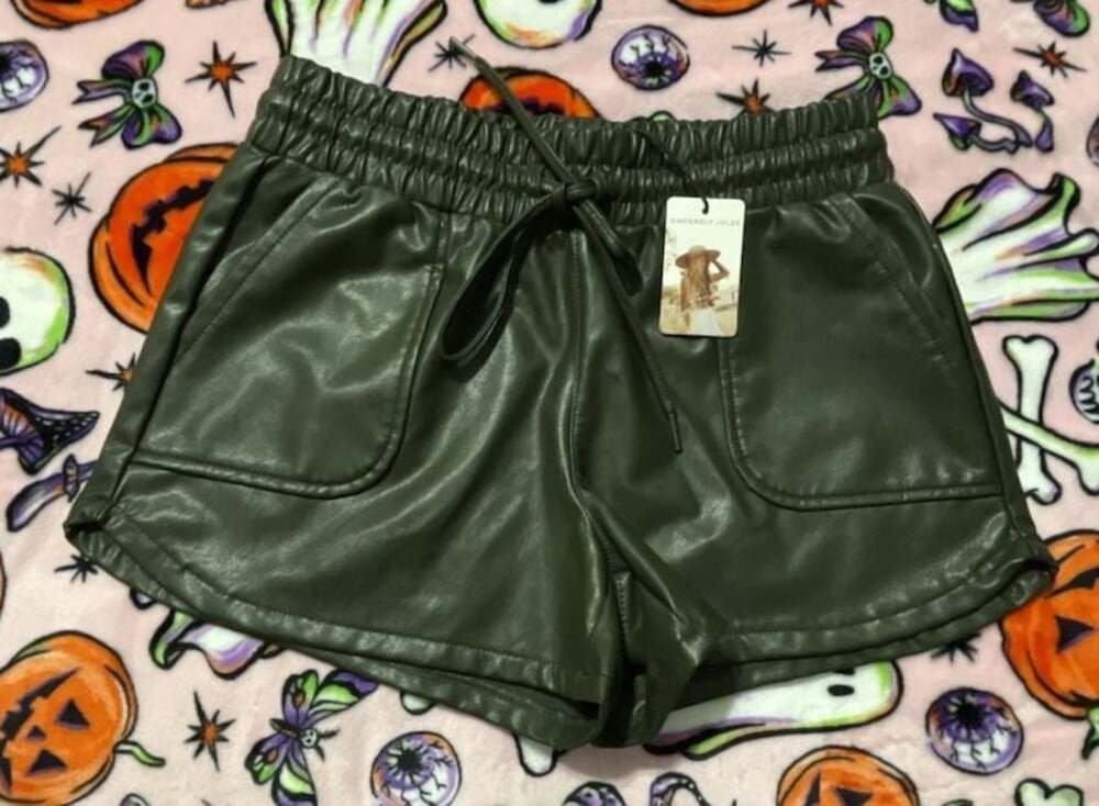 Alternative Rock Edgy High Waisted Faux Leather Olive Green Drawstring Shorts